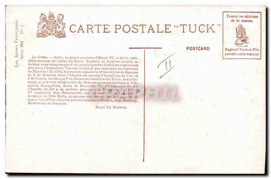 Genie Pontonniers — Les Armes Françaises Série 981 — éditeur Tuck — Verso