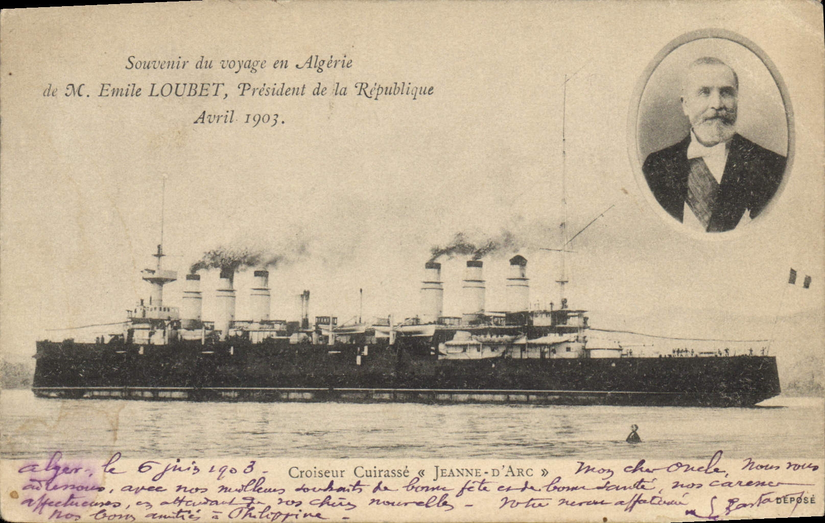 CPA Bateau Souvenir du voyage en Algerie de Emile Loubet Croiseur Cuirasse Jeanne d'Arc