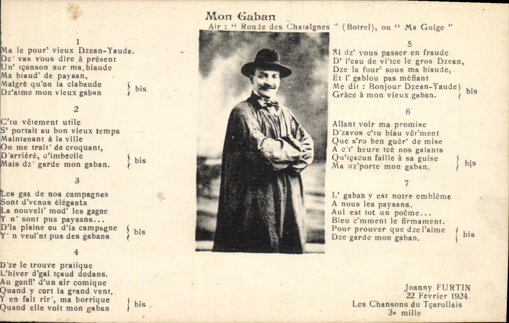 Mon Gaban — Air : « Ronde des Chataignes » (Botrel), ou « Ma Guige » — Joanny FURTIN, Les Chansons du Tçarollais, 22 Février 1924