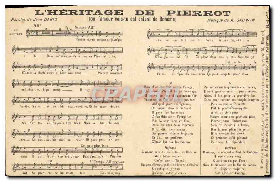 L'HÉRITAGE DE PIERROT — (ou l'amour vois-tu est enfant de Bohême) — Musique de A. GAUWIN, éd. M. MARVOL