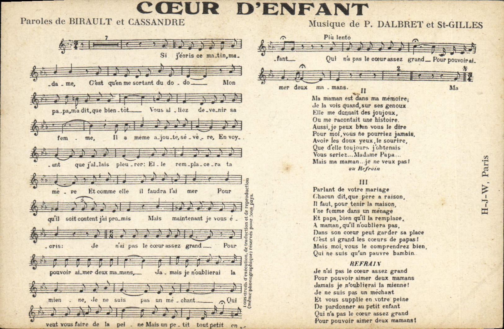 Cœur d'Enfant — Chanson pour enfants — H.-J.-W., Paris