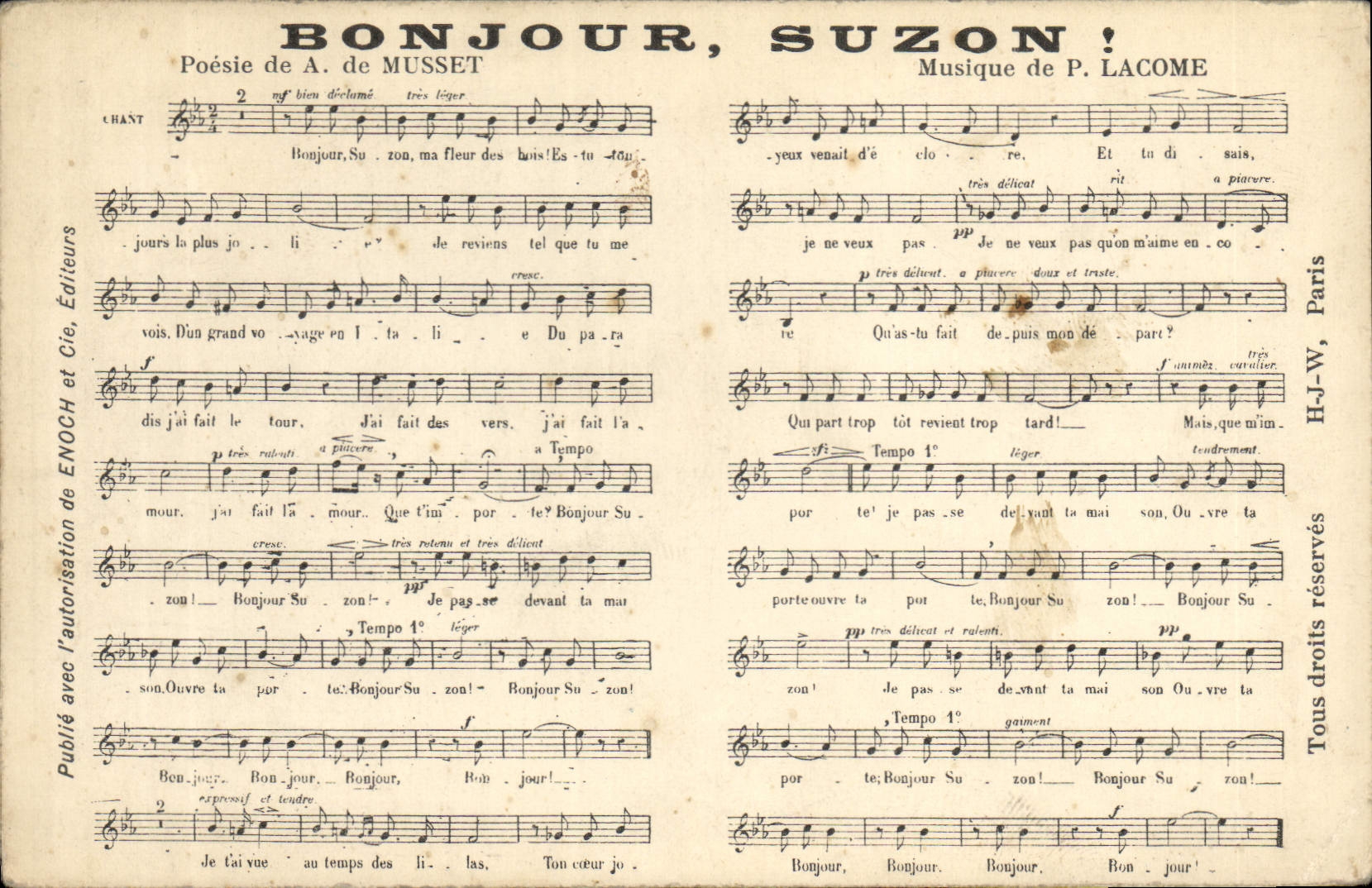 Bon jour, Suzon ! — Poésie de A. de Musset, Musique de P. Lacome — Éditeurs Enoch et Cie, Paris