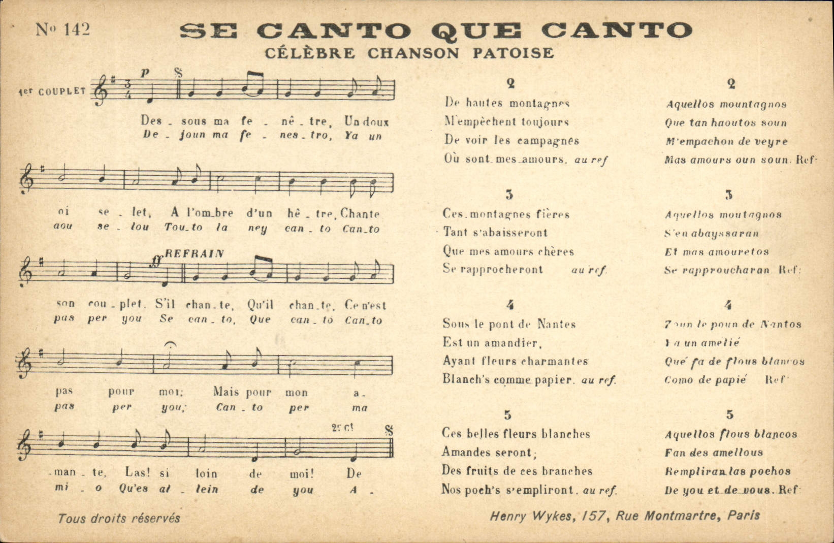 Se canto que canto — chanson patois — Henry Wykes, 157, rue Montmartre, Paris