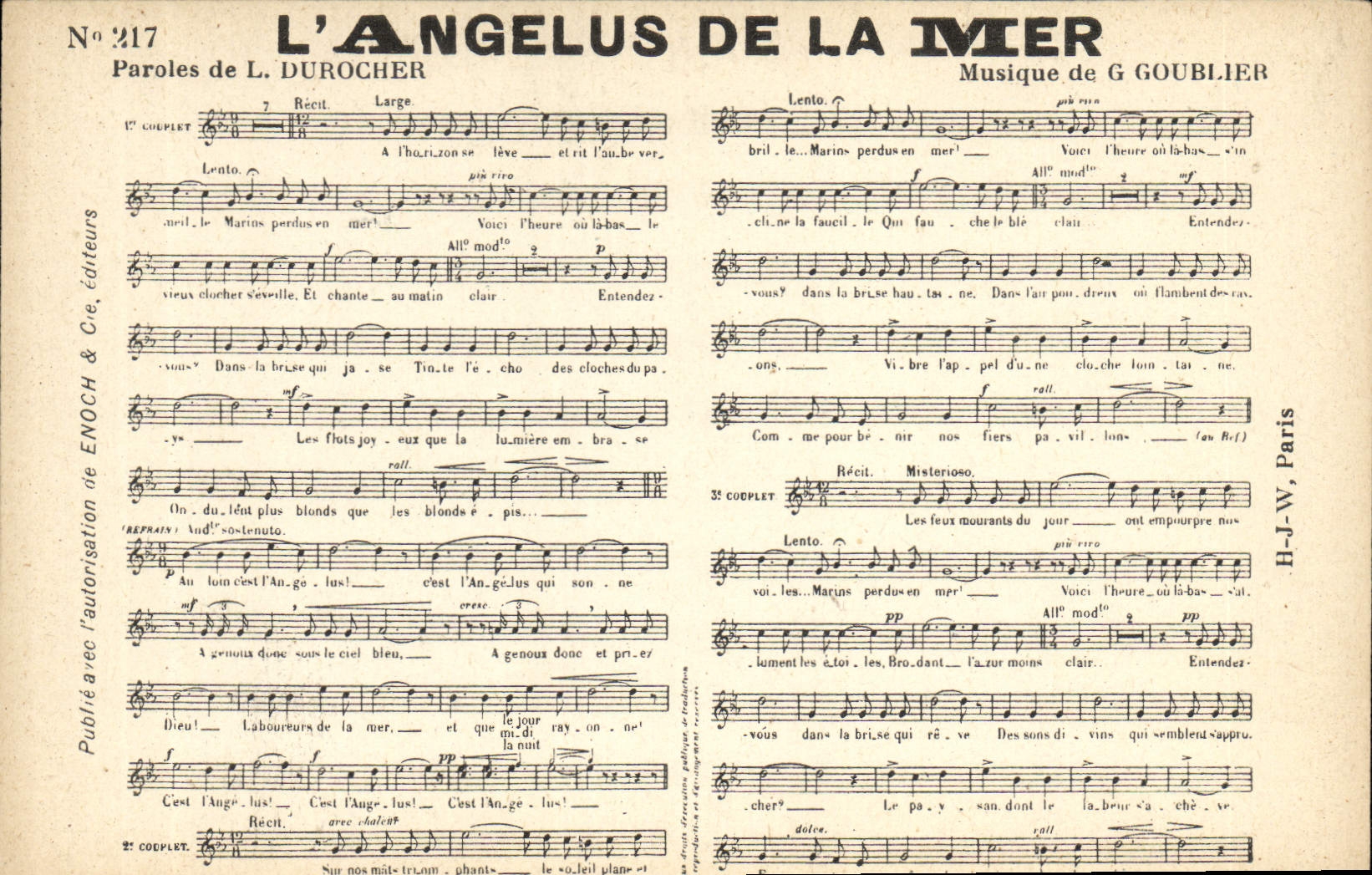L'Ange du Mer — Chanson — Éditeur H-J-W, Paris, n° 217