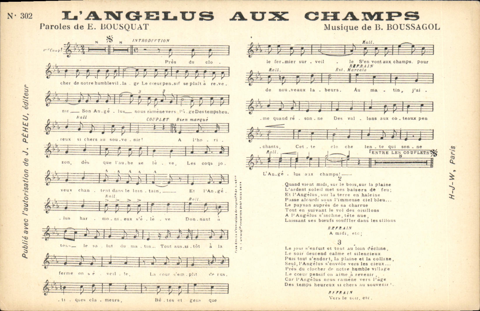L'Angeleus aux champs — Chanson — Éditeur J. Péheu, N° 302
