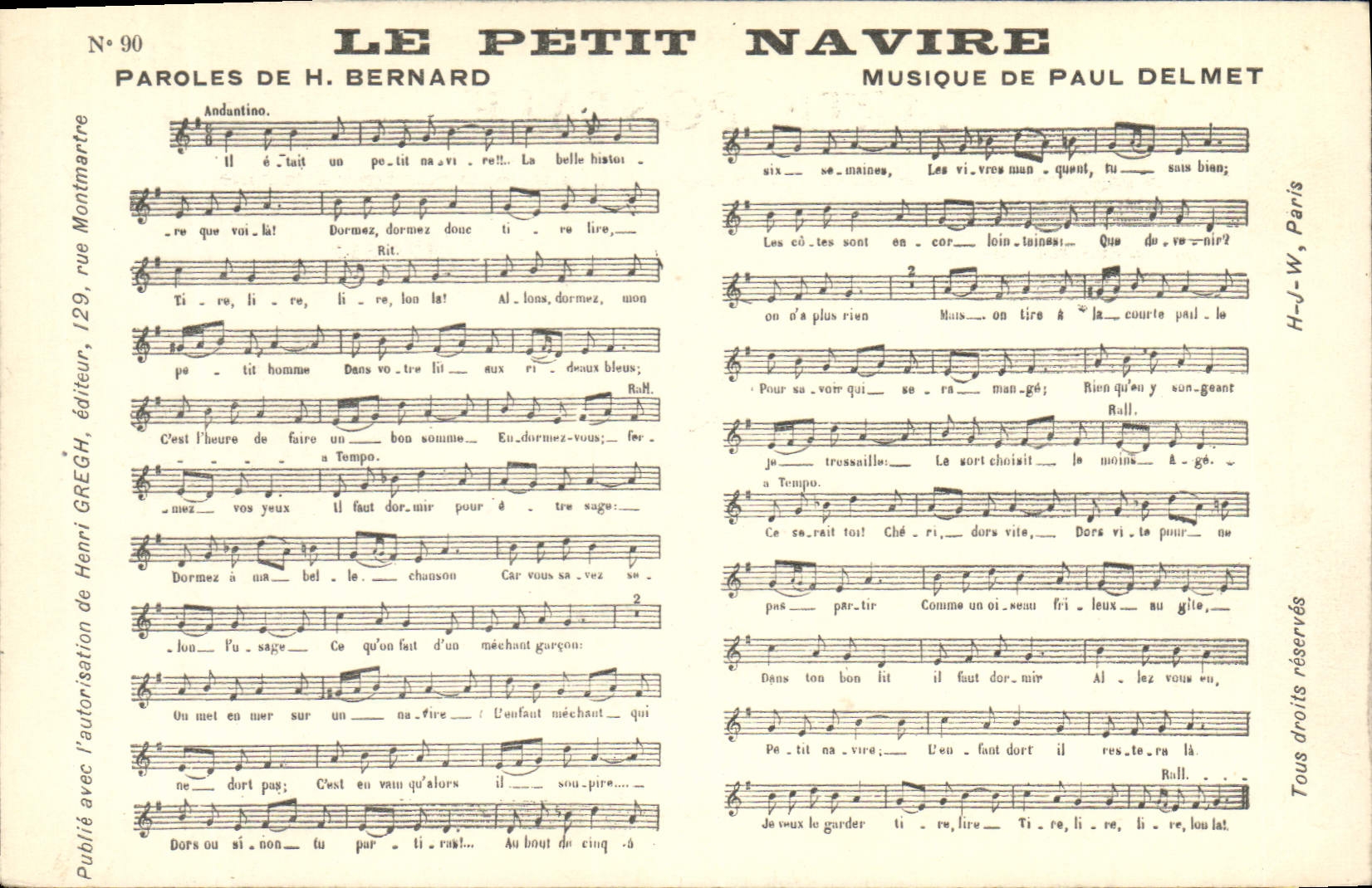 Le Petit Navire — chanson — Henri GregH, éditeur, n° 90