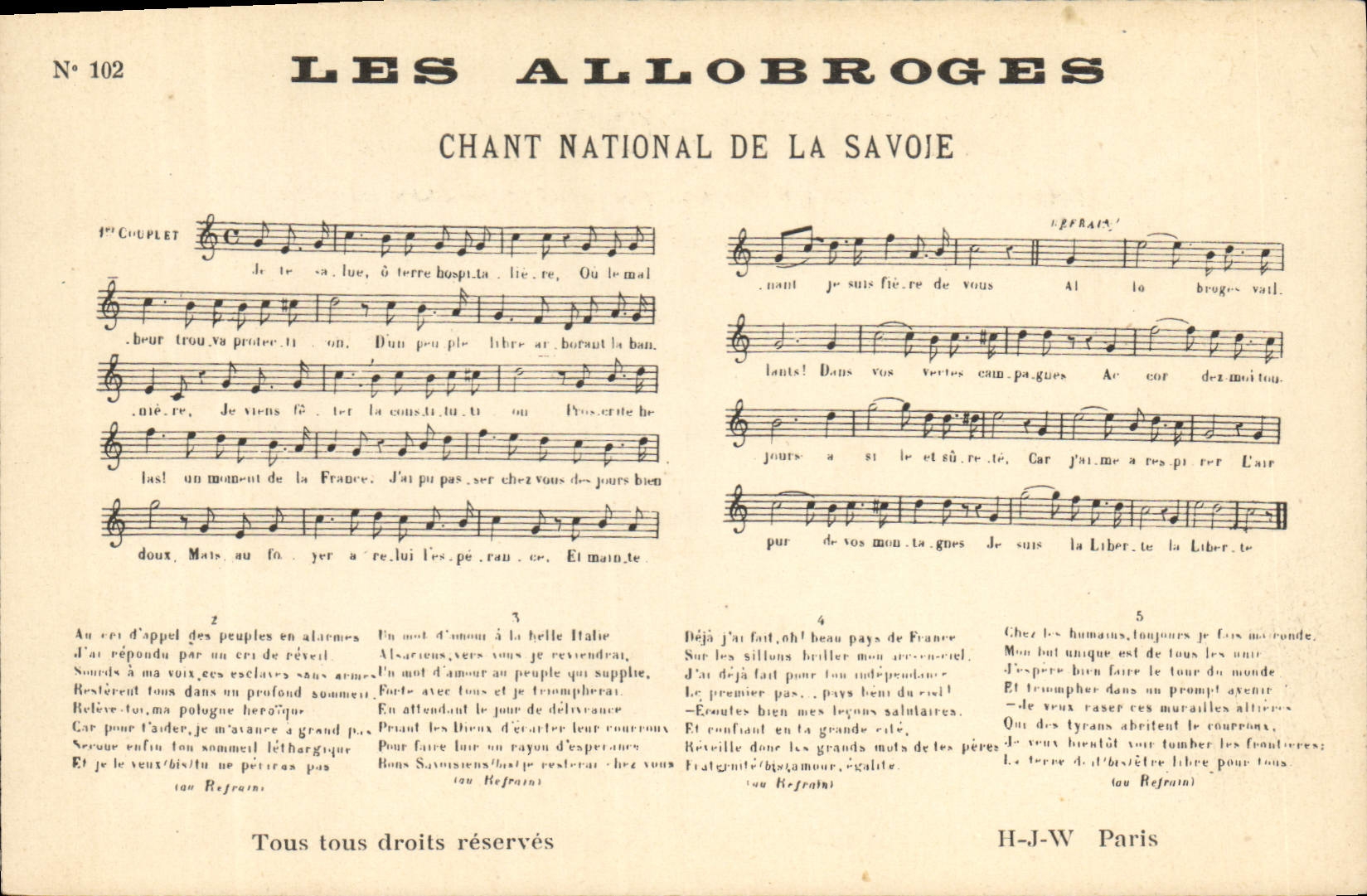 Les Allobroges — Chant national de la Savoie — H-J-W Paris, n° 102