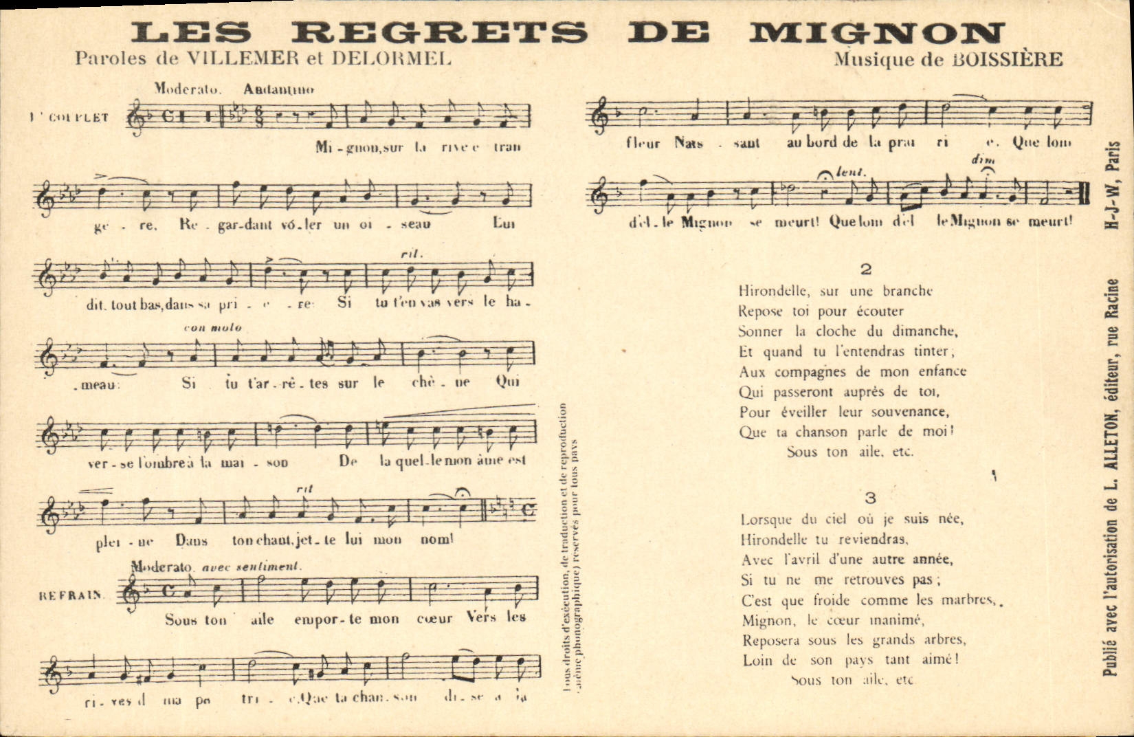 Les Regrets de Mignon — chanson — éditeur L. Alletton, Paris