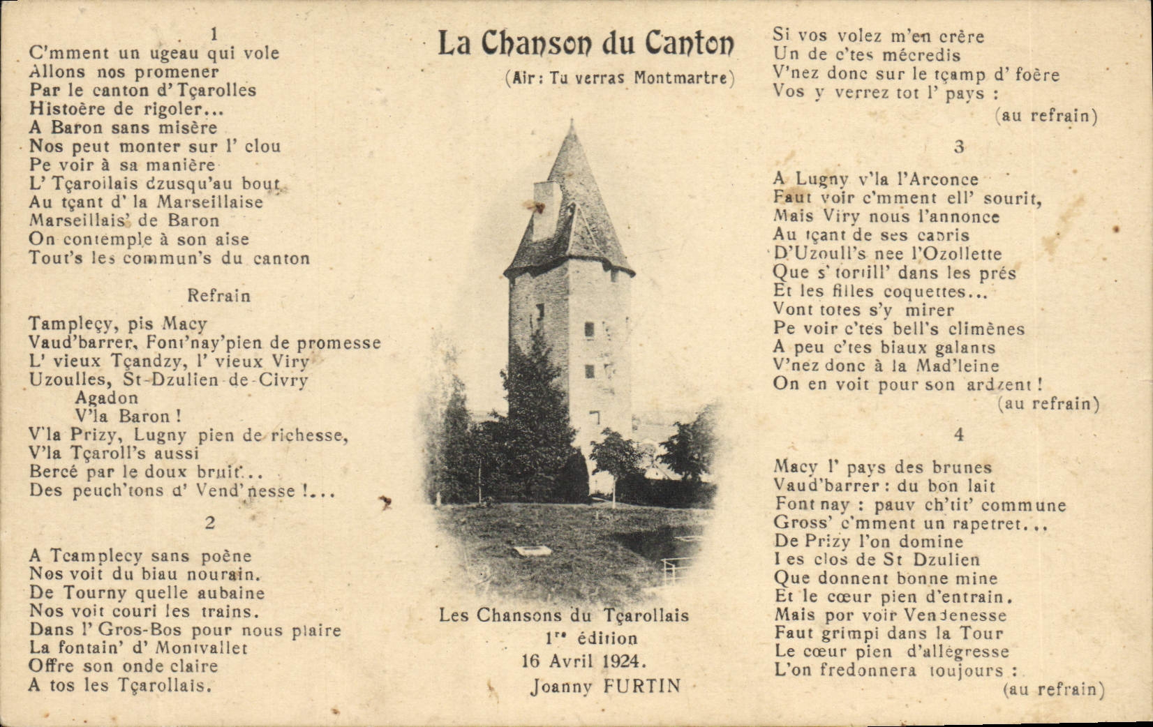 La Chanson du Canton — Les Chansons du Tçarollais — 1ère édition, Joanny FURTIN