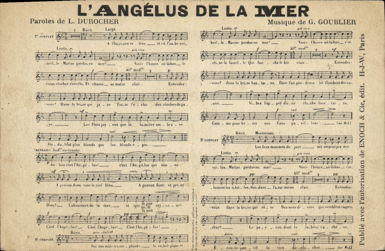 L'Angélus de la Mer — Musique de G. Goublier, paroles de L. Durocher — H.-J.-W. édit. Paris