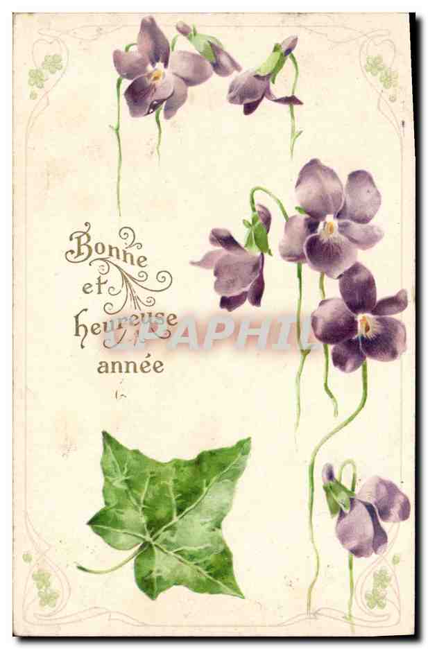 Violettes et feuille d'ivraie — Bonne et heureuse année — éditeur non visible