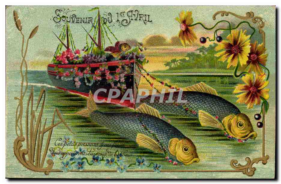 Barco decorado con flores y peces — Recuerdo del 1° de abril — editor no visible