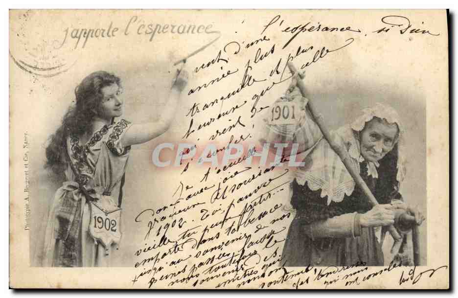 Je rapporte l'espérance — Sujet symbolique avec jeune femme et vieille femme — Phototypie A. Bézard et Cie, Nancy