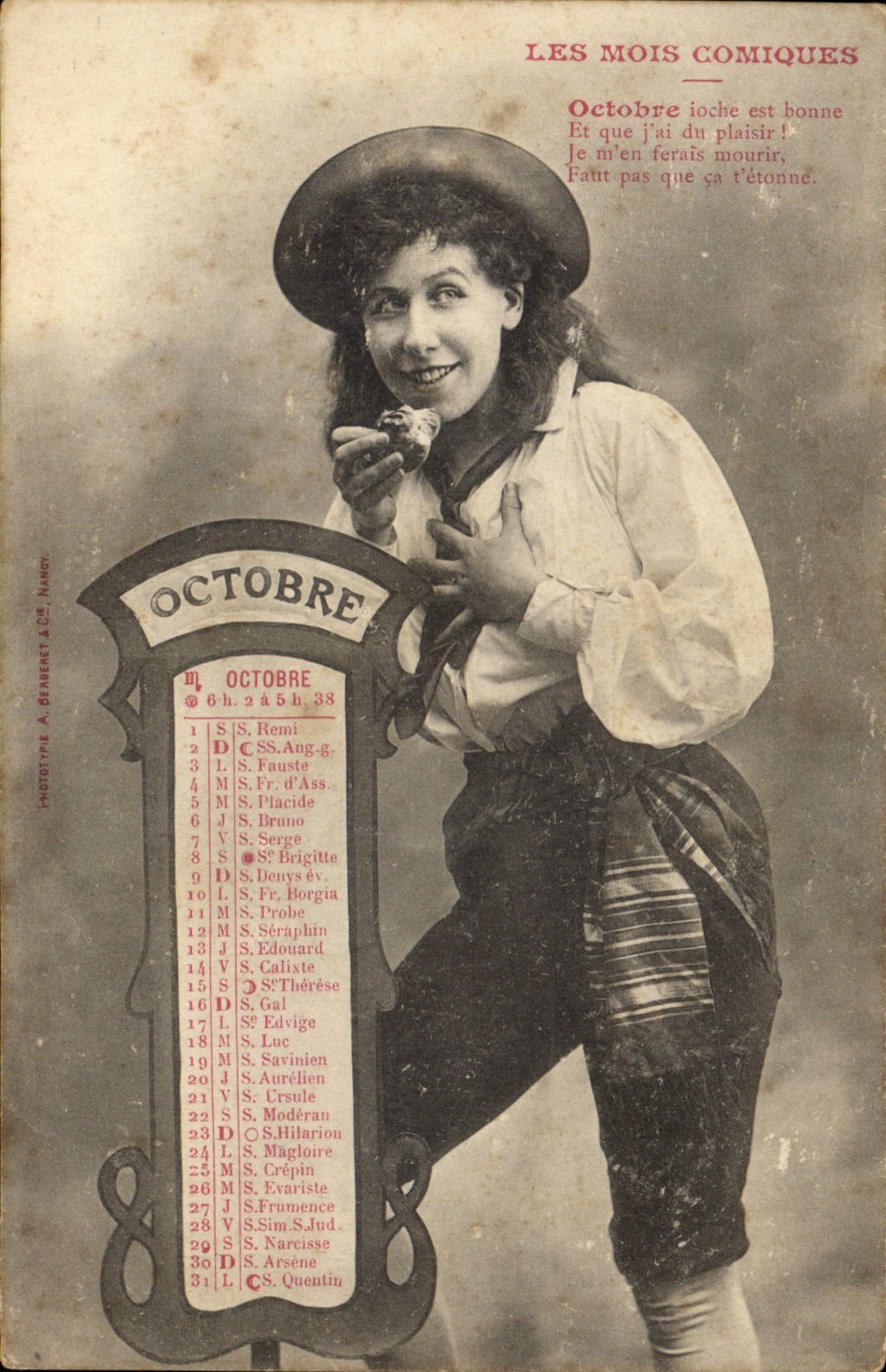 Femme en costume de comédienne — calendrier d'Octobre — Phototype A. Bémeret & Cie, Nancy