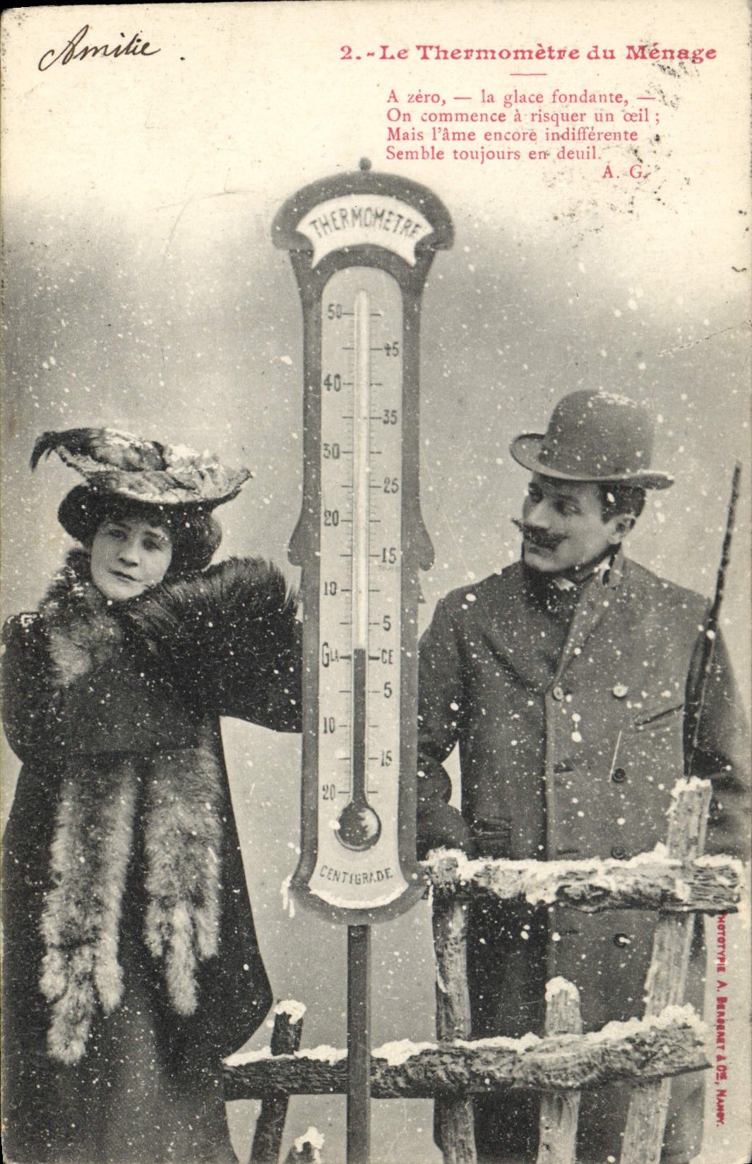 Le Thermomètre du Ménage — scène hivernale avec couple — Phototype A. Barbeau à Nancy