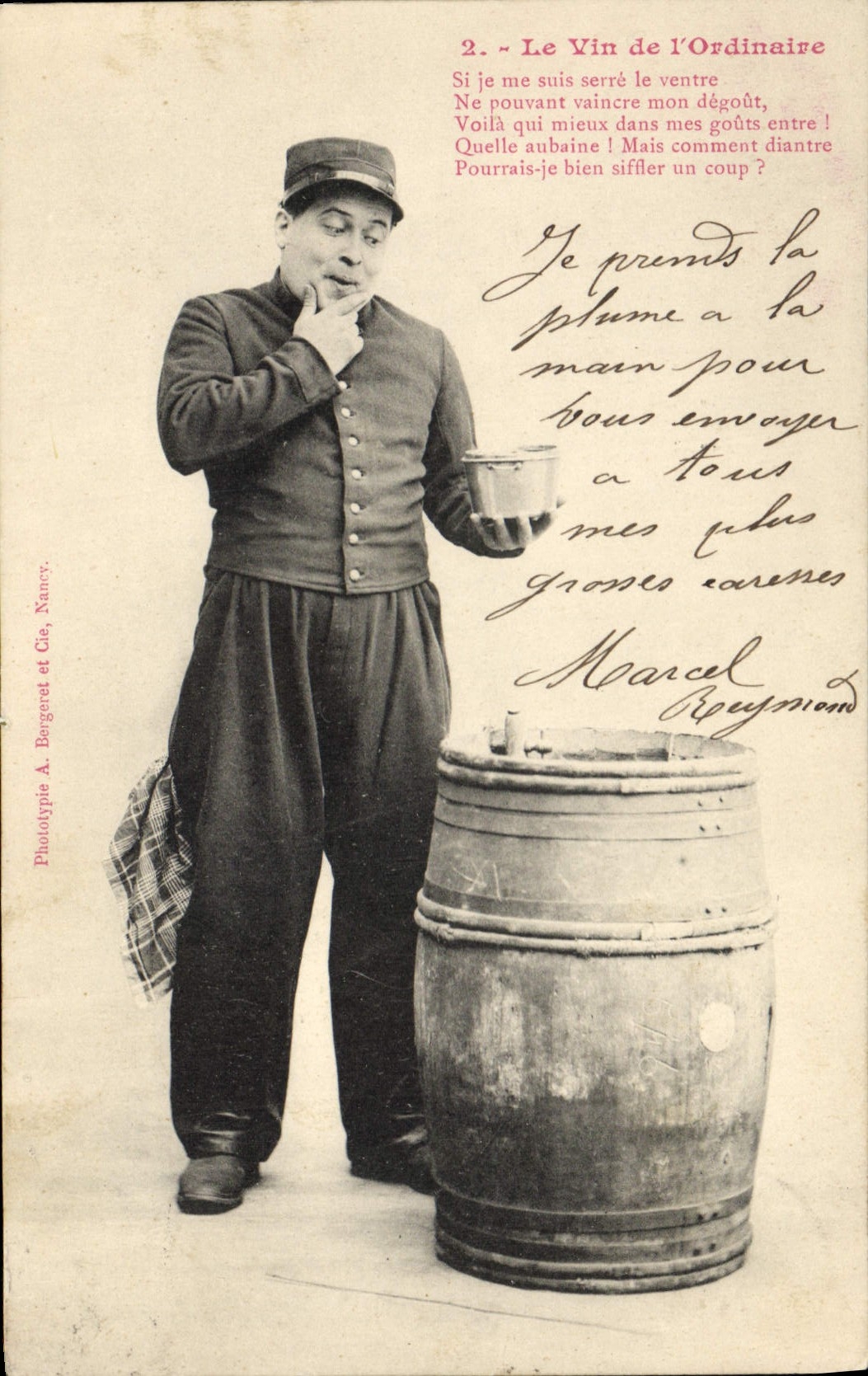 Soldat buveur de vin — Le Vin de l'Ordinaire — Phototypie A. Bergeret et Cie, Nancy