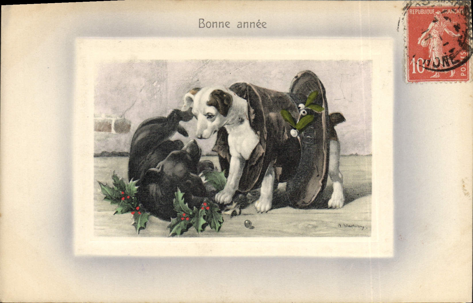 Chiots jouant avec des houx — Bonne année — A. Stephany