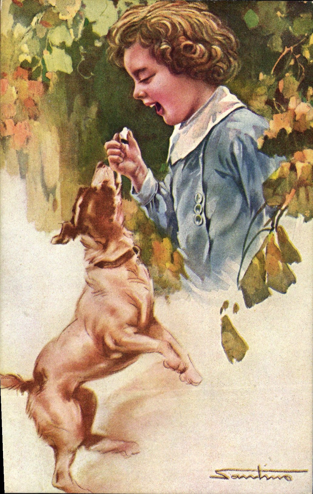 Enfant et chien — scène de jardin — Sanchino