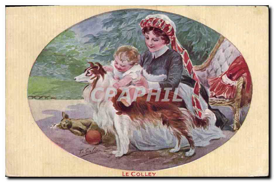 Femme et enfant avec chien — illustration de T. Salle — Le Colley