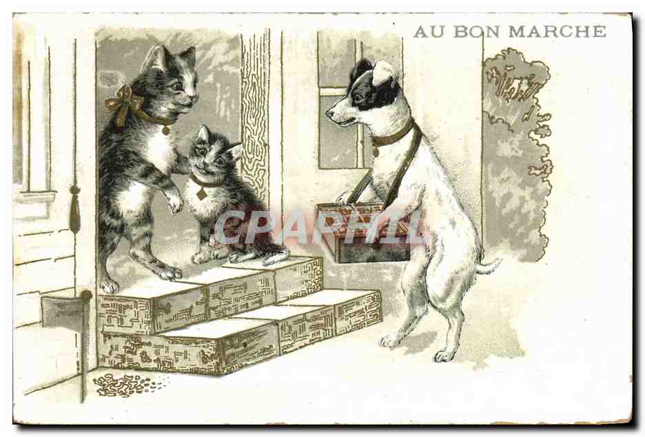 Chien et chats devant une porte — Au Bon Marché — Maison Aristide Boucicaut
