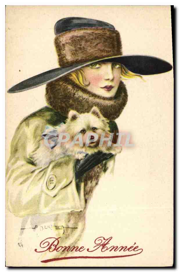Femme en manteau et chapeau fourré tenant un petit chien — Bonne Année — Derivela
