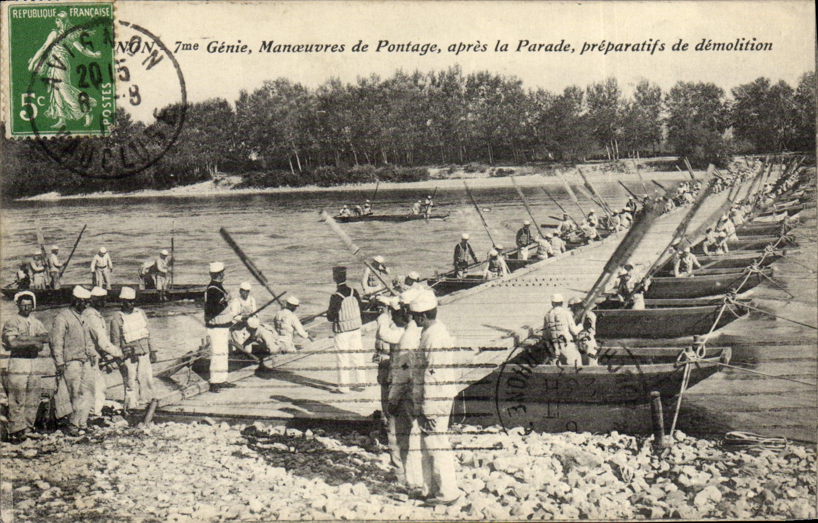 7me Génie, Manœuvres de Pontage, après la Parade, préparatifs de démolition — Édition Moulet et Roure, Marseille