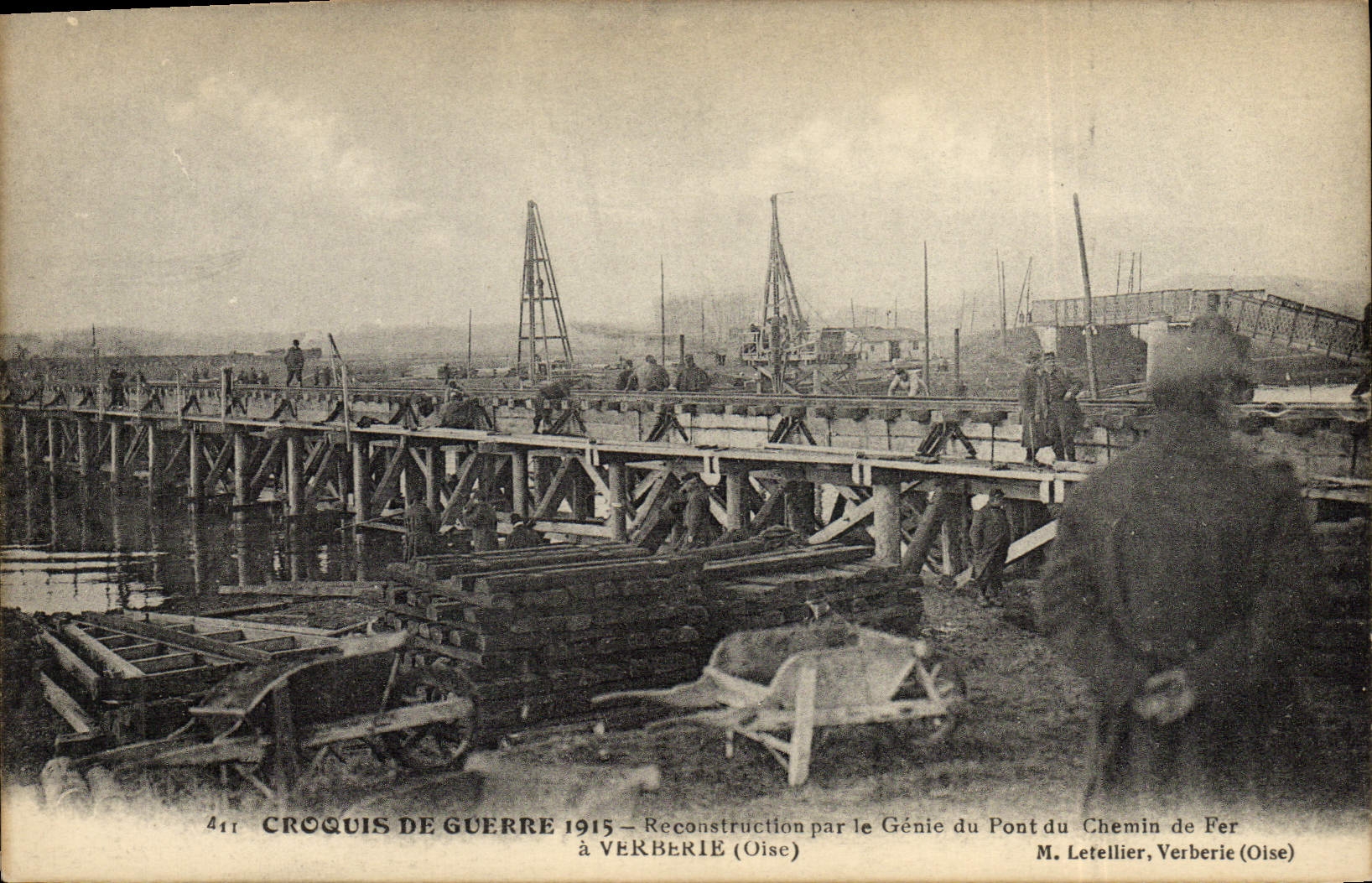 Reconstruction of the Railway Bridge in Verberie (Oise) — War Sketch 1915 — M. Letellier, Verberie (Oise)