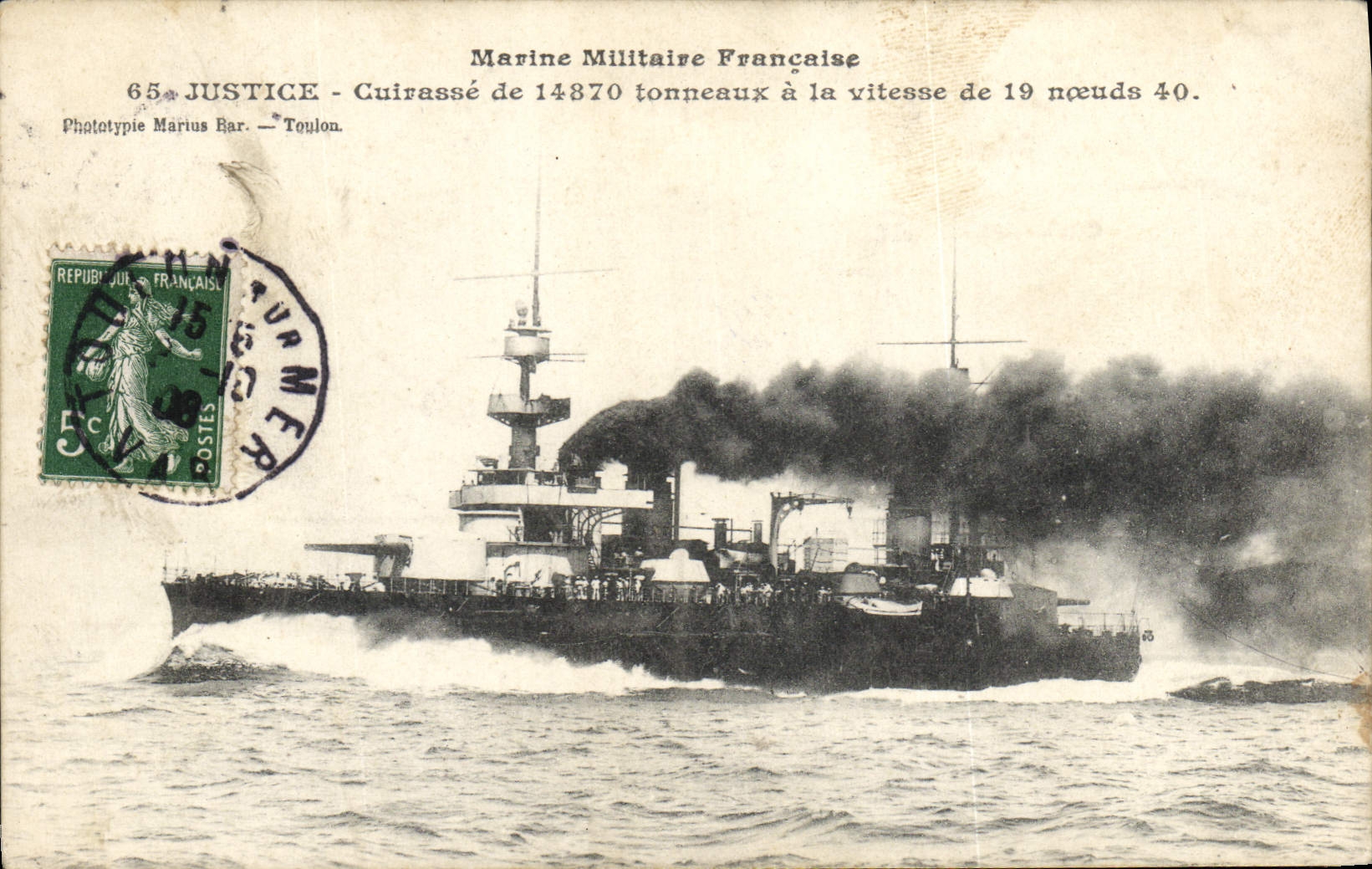 Cuirassé Justice — Marine Militaire Française — Phototypie Marius Bar, Toulon