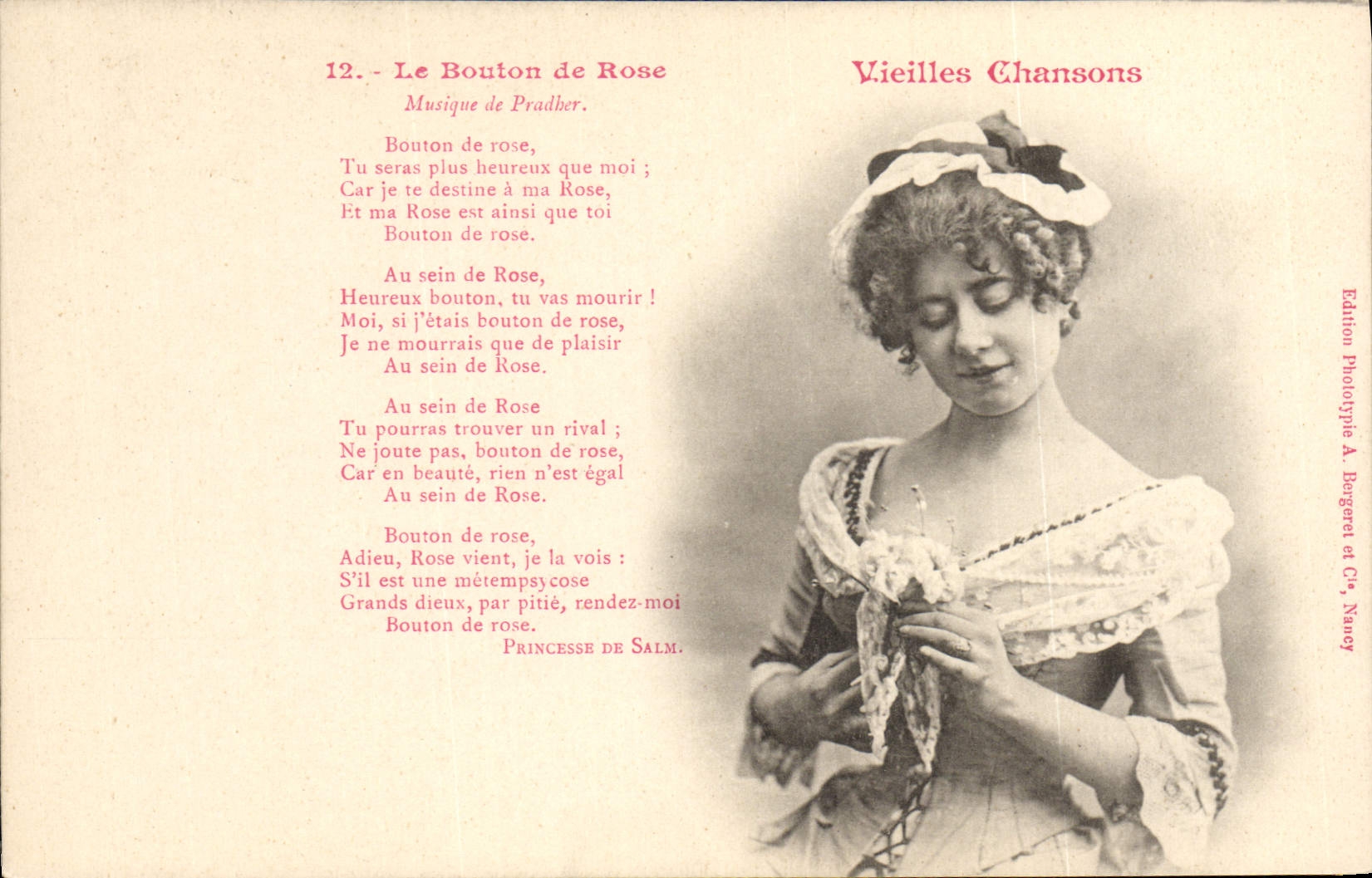 Femme en robe à volants — chanson 'Le Bouton de Rose' — Édition Phototypie A. Bergara & Cie, Nancy