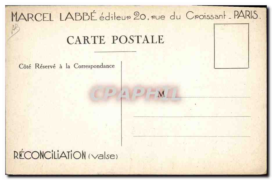 CPA Reconcilation Valse Millandy Closset Vorelli Marcel Labbe Rue du Croissant Paris — Verso