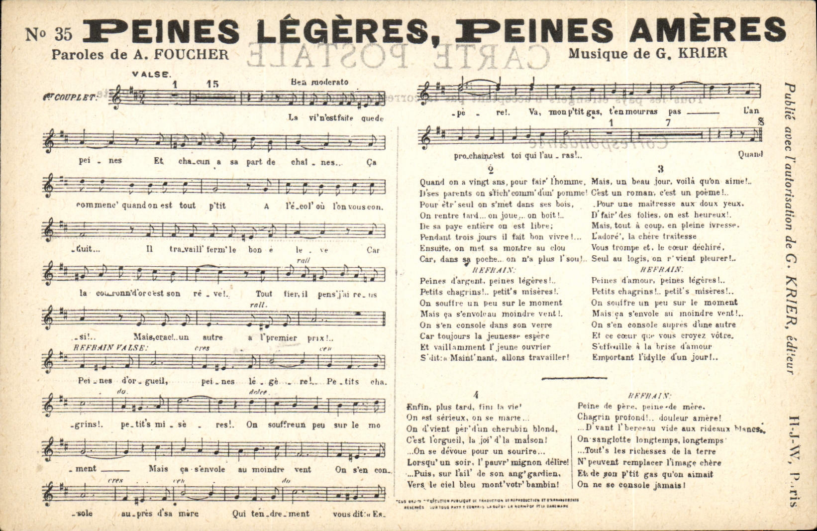 Peines Légères, Peines Amères — Paroles de A. Foucher, Musique de G. Krieger — Éditeur G. Krieger, n° 35