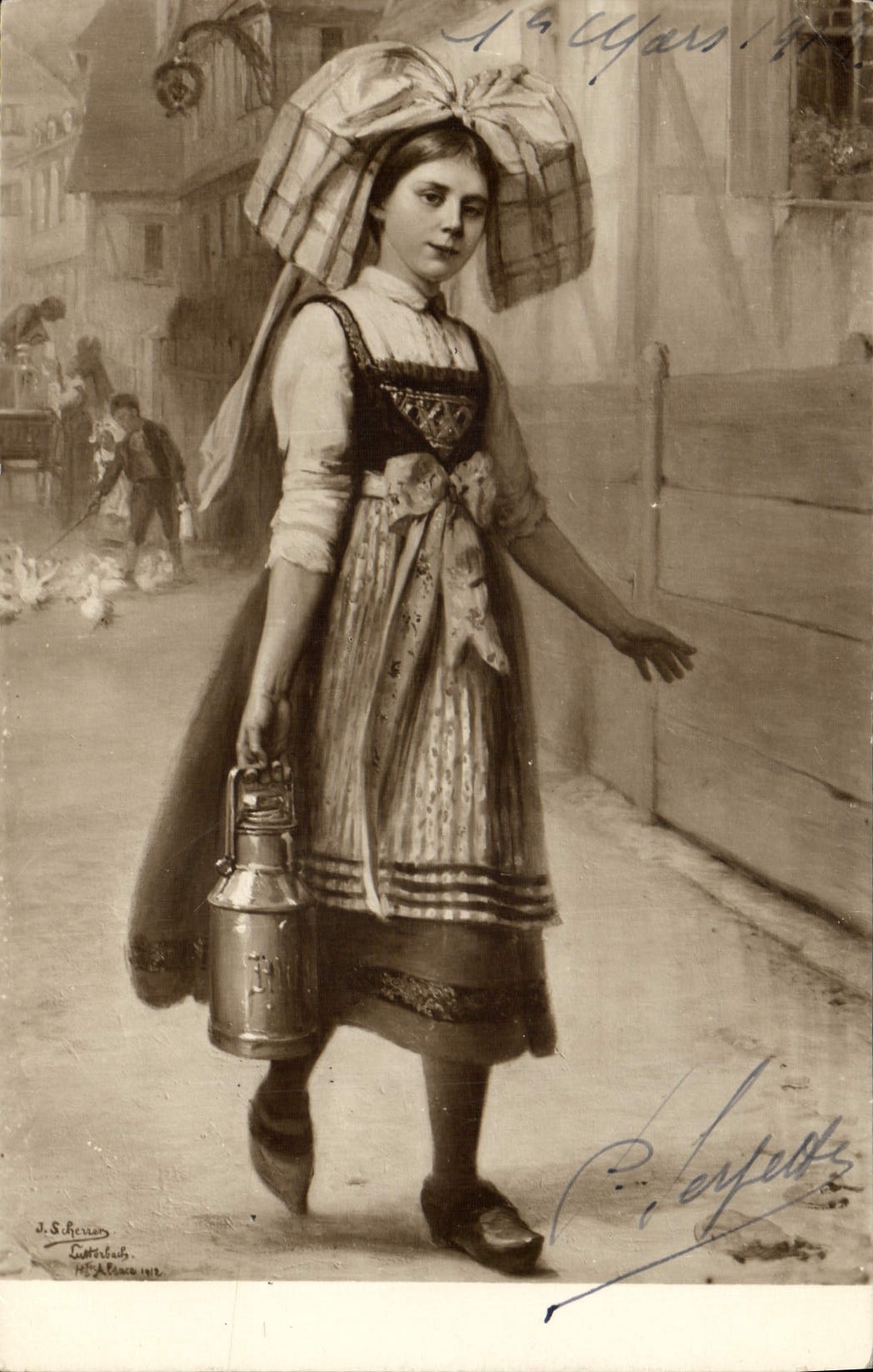 CPA Folklore Alsace Salons de Paris Jacques Scherrer L'heure du lait en Haute Alsace