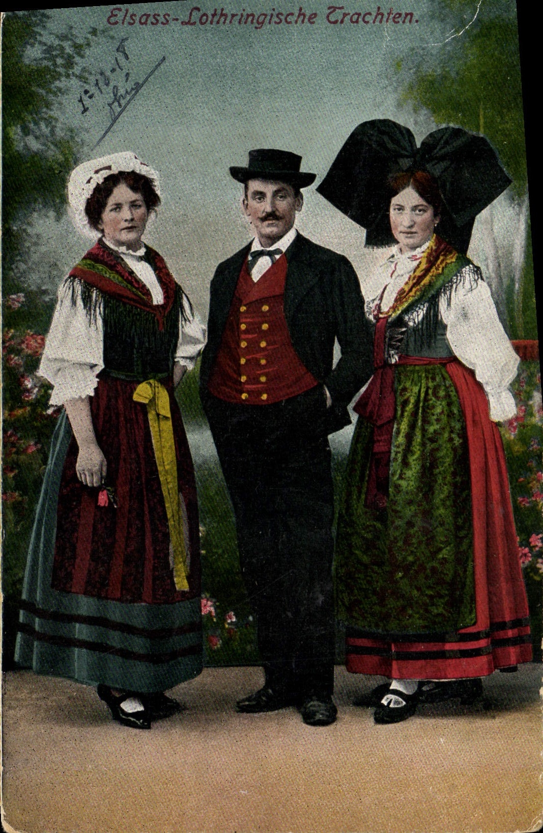 Elsass-Lothringische Trachten — trois personnes en costumes régionaux — éditeur Littbort, n° de série non visible