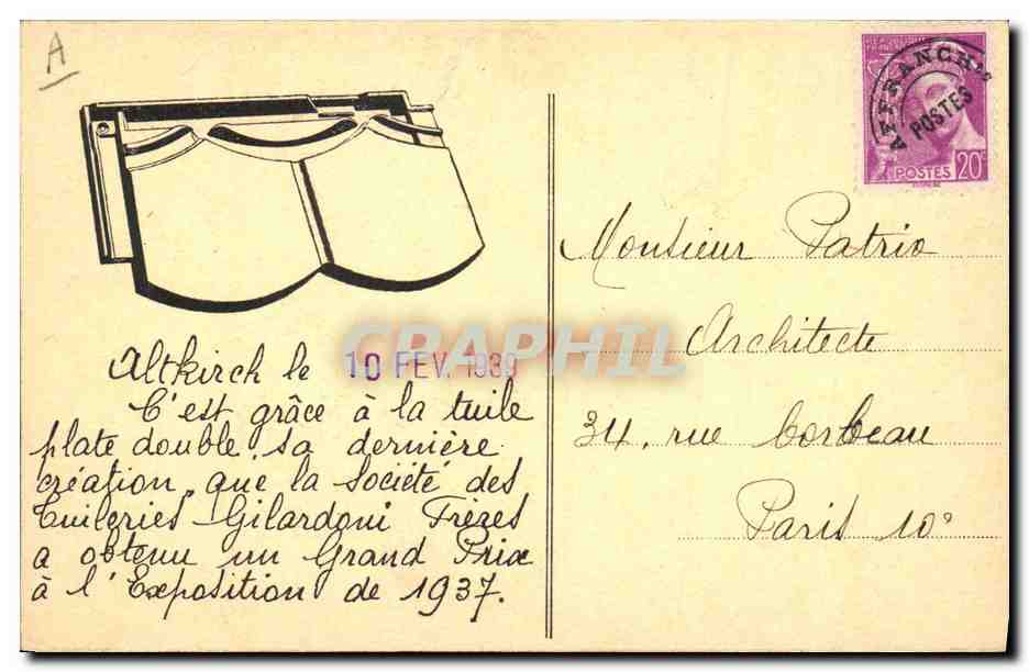 Pavillon de l'Alsace — Exposition des Arts et Techniques 1937 — Tuileries Gilardoni Frères — Reverso