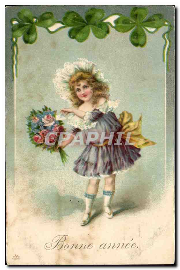CPA Fantaisie Fleurs Enfant Bonne annee Trefle