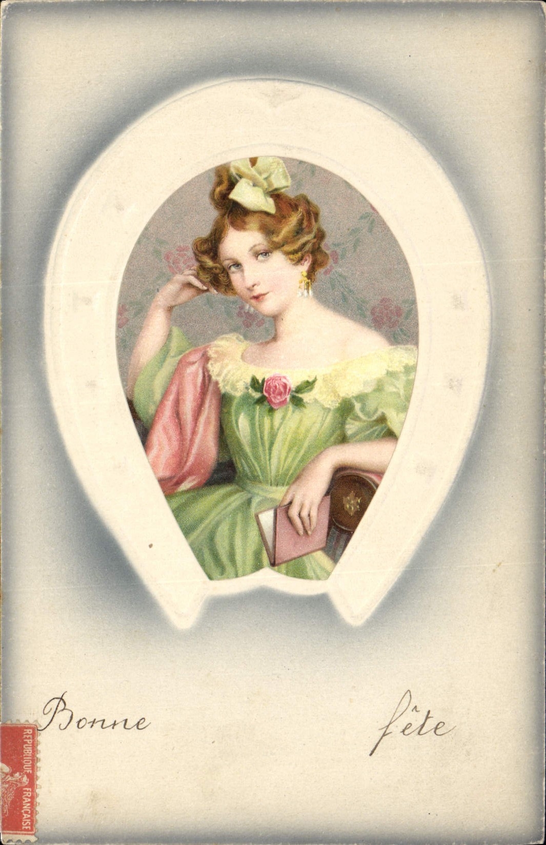 Jeune femme en robe verte — Bonne fête — République Française