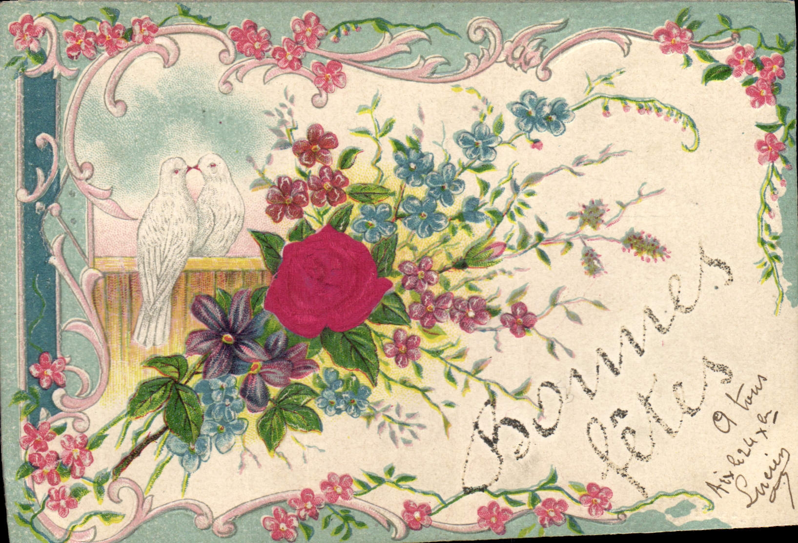 Deux colombes amoureuses — fleurs et rose — éditeur non visible