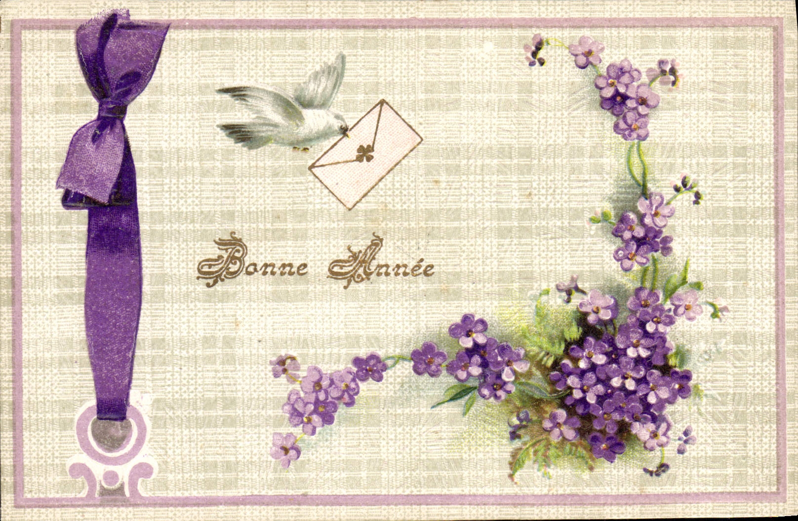 Bonne Année — oiseau blanc portant une enveloppe — fleurs violettes — éditeur non visible