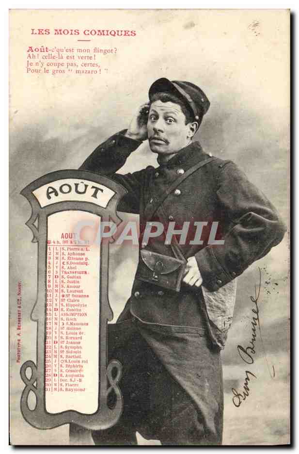 Soldat en uniforme — calendrier humoristique d'août — Phototype A. BERNARD & Cie, Nancy
