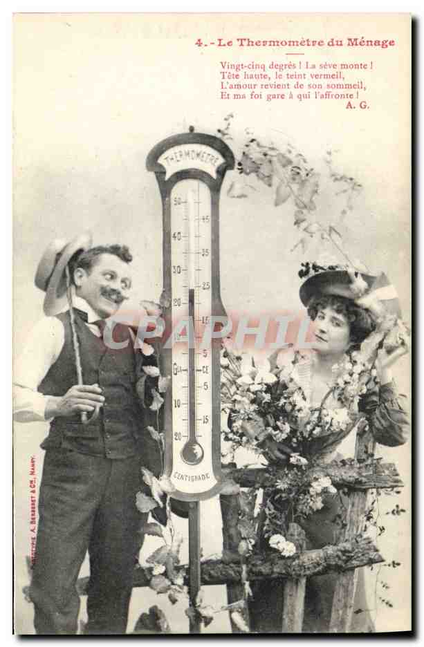 Thermomètre du Ménage — scène humoristique avec couple et thermomètre — éditeur A. Bessard & Cie, N°4