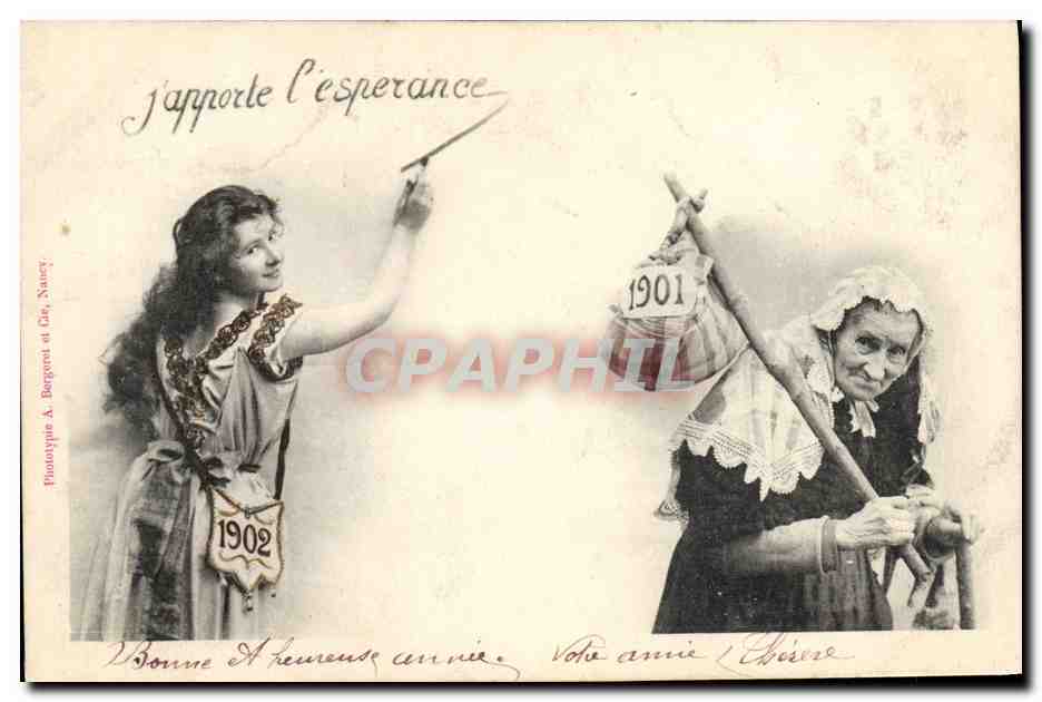 Je rapporte l'espérance — Sujet symbolique avec jeune femme et vieille femme — Phototypie A. Bergérot et Cie, Nancy, n° 1901/1902