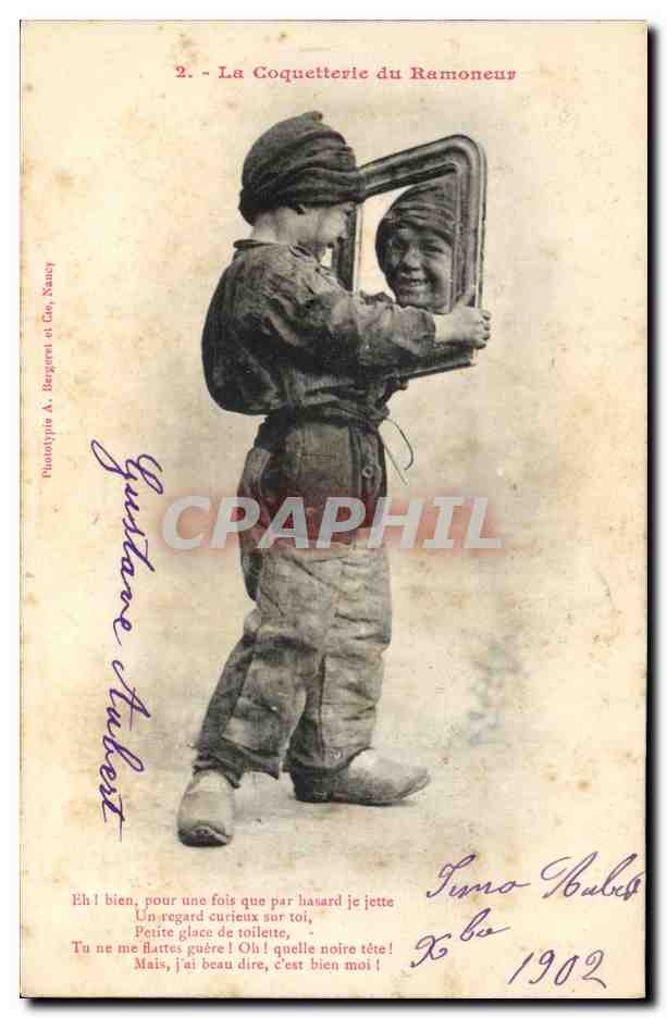 Niño mirando su reflejo en un espejo — La Coquetterie du Ramoneur — Fototipo A. Bergeret et Cie, Nancy