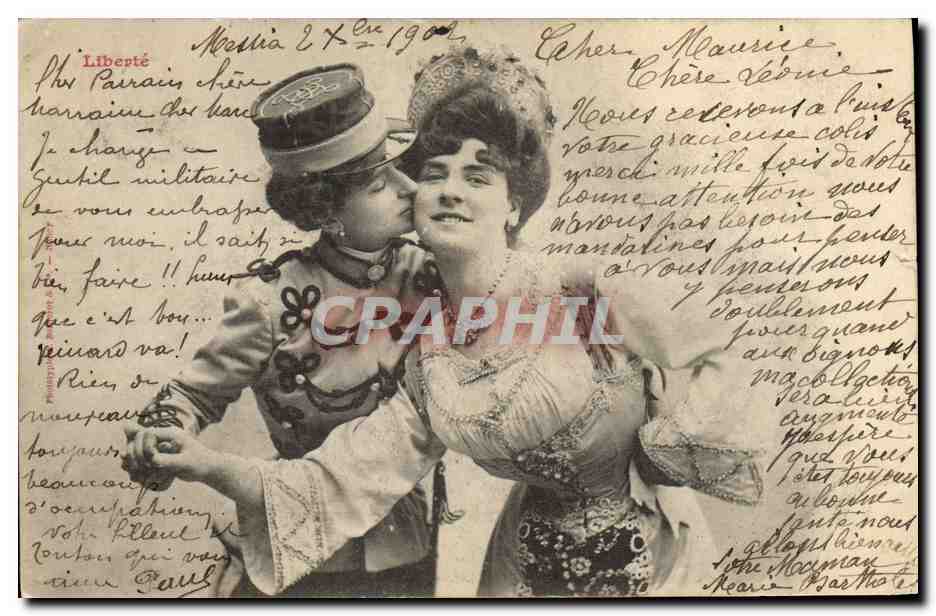 Mujer y joven militar — escena afectuosa — editor desconocido
