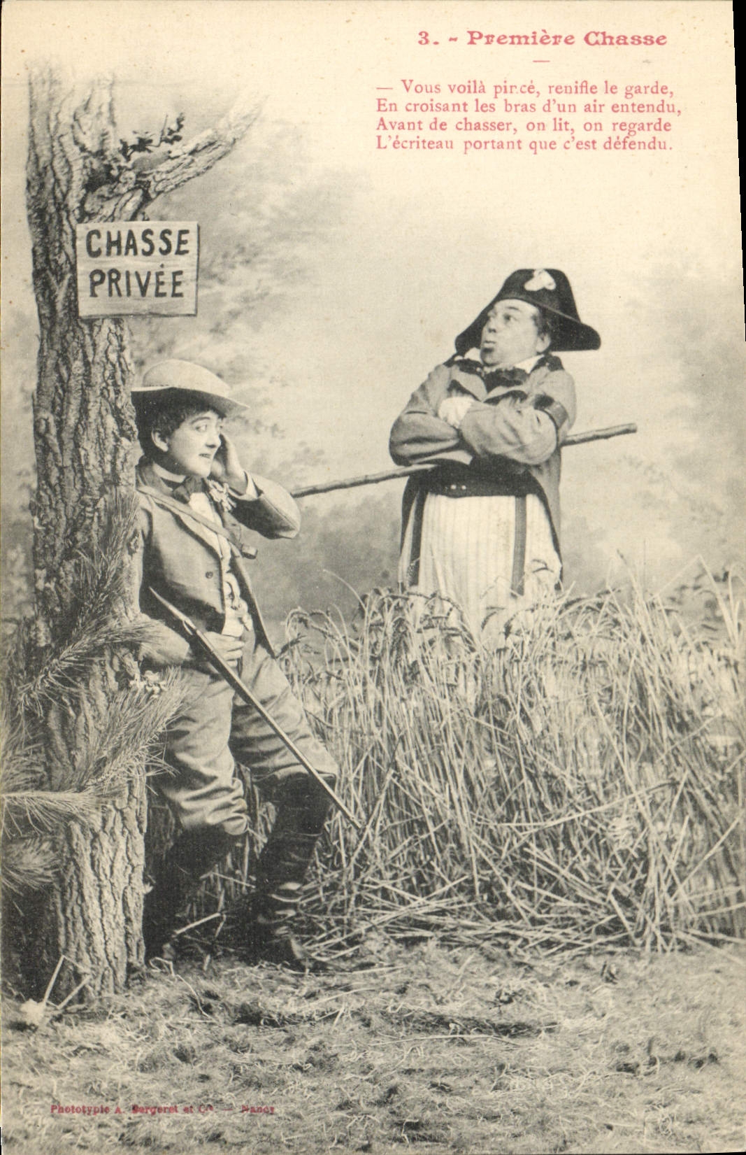 Première Chasse — scène de chasse privée avec garde — Phototype A. Bergeret & Cie, Nancy