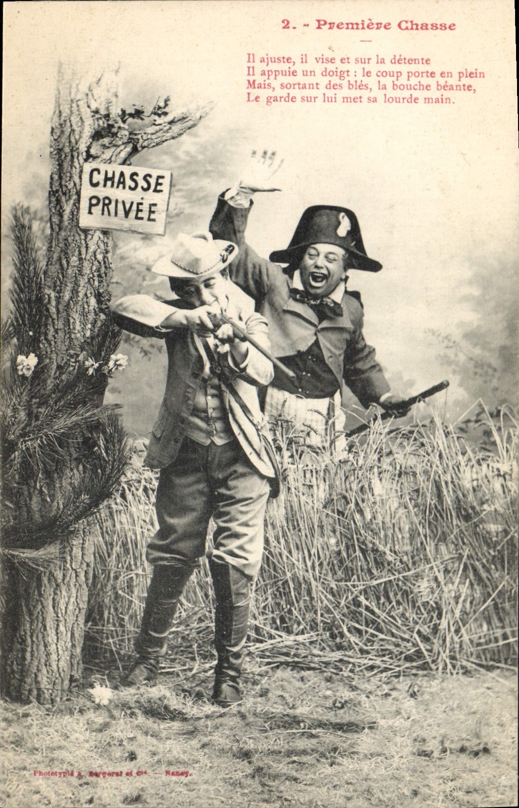 Chasse privée — scène de chasse comique — Phototypie A. Margaral et Cie, Nancy