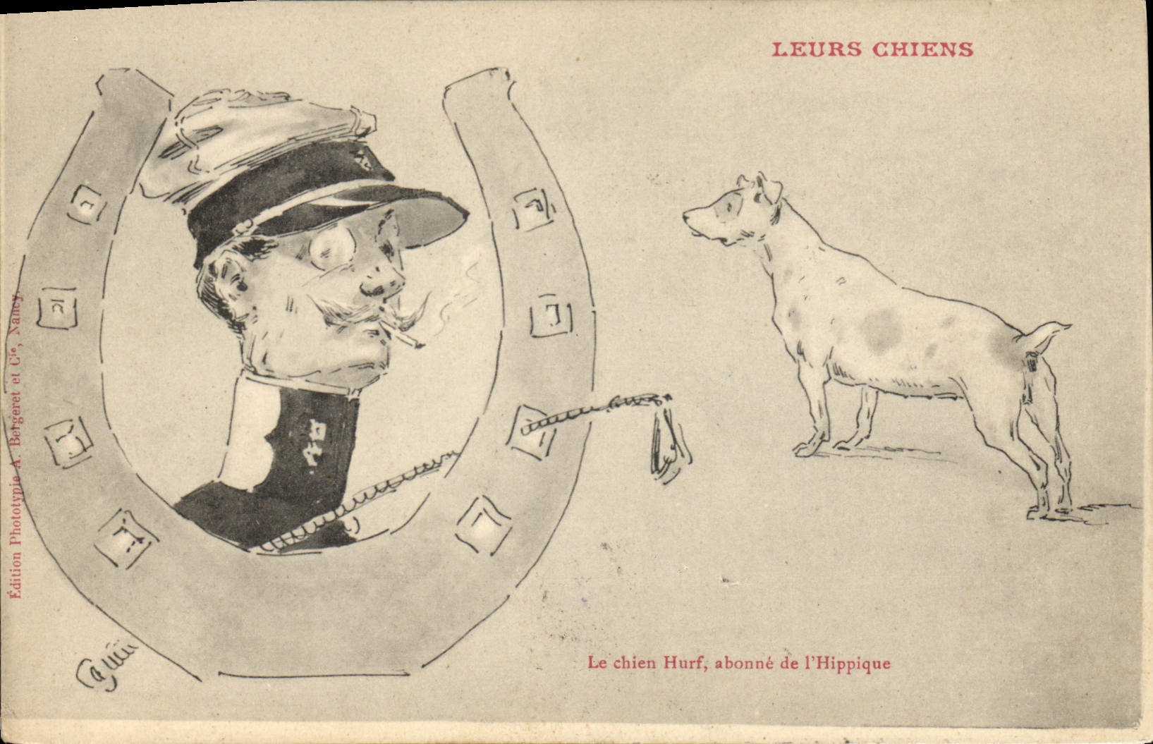 Le chien Hurf, abonné de l'Hippique — Caricature d'un militaire fumant dans un fer à cheval — Édition A. Bargeret & Cie, Nancy