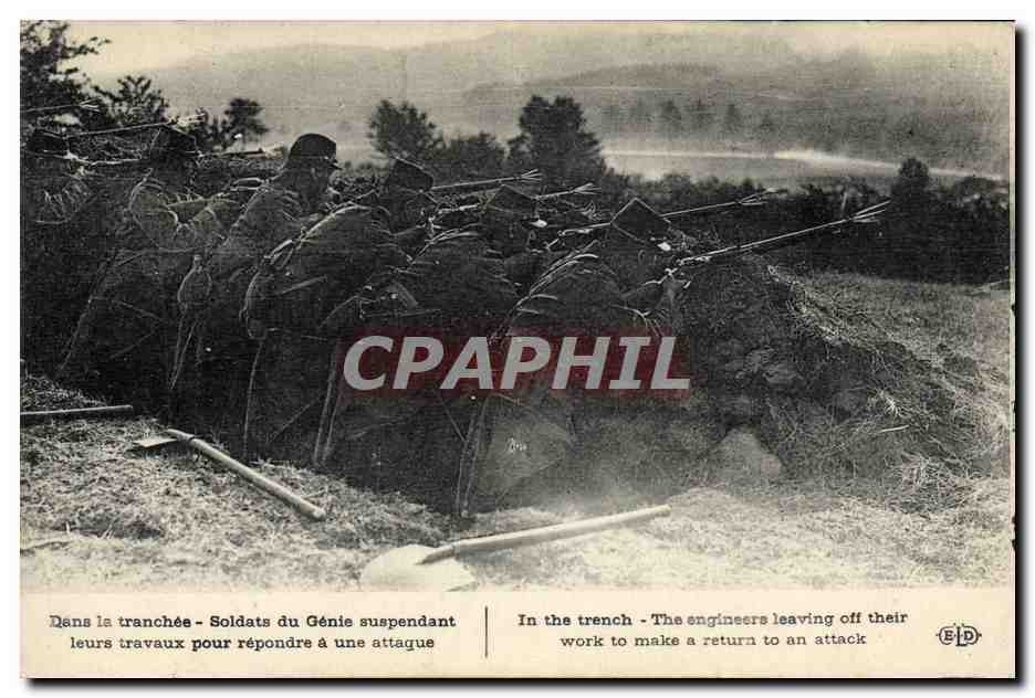 Soldats du Génie dans la tranchée — suspendant leurs travaux pour répondre à une attaque — Éditeur B.D. (B. Delay, imp. 127 bd Sebastopol, Paris)