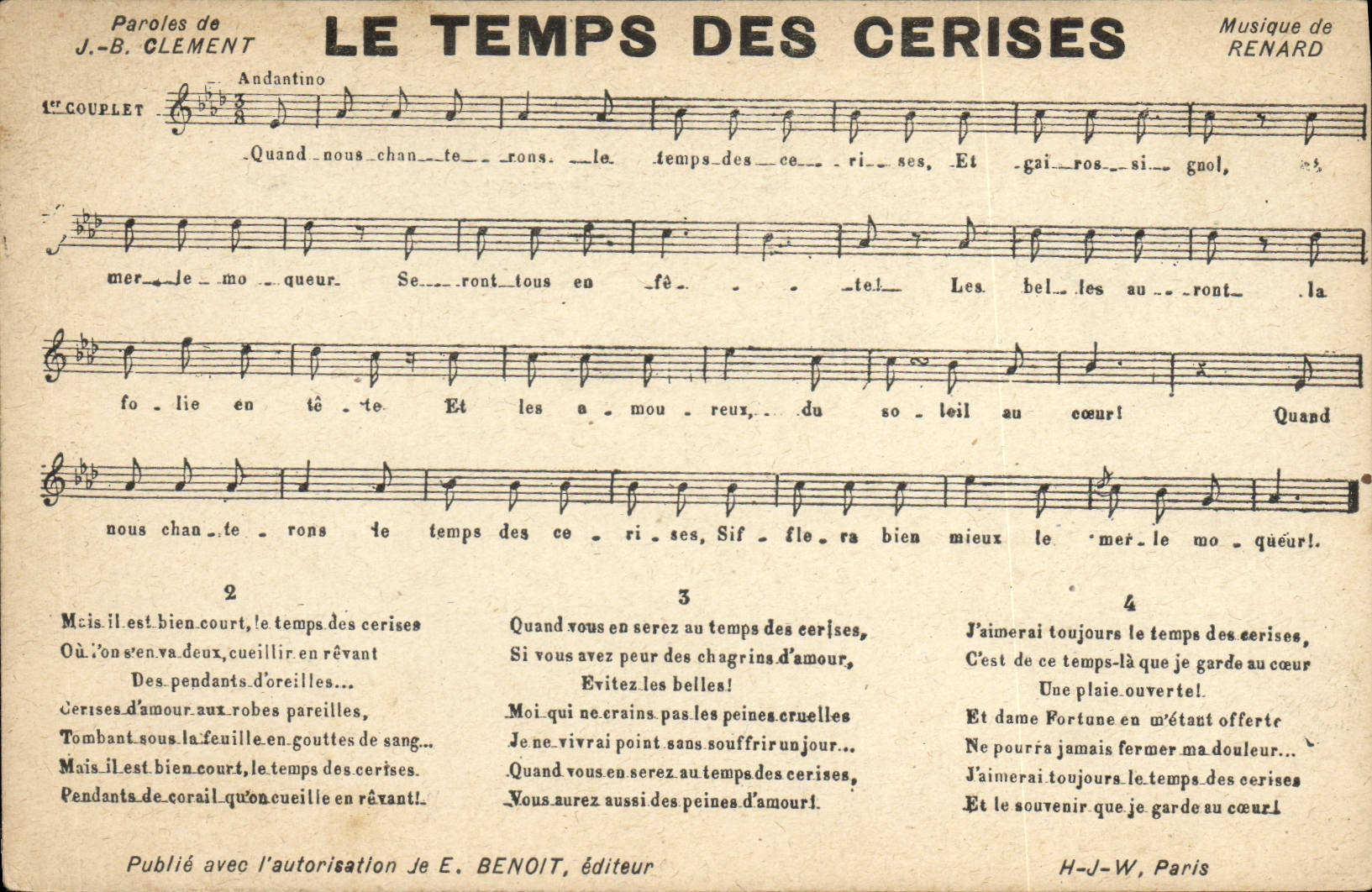 Le temps des cerises — Chanson — Publié avec l'autorisation de E. Benoit, éditeur, H-J-W, Paris