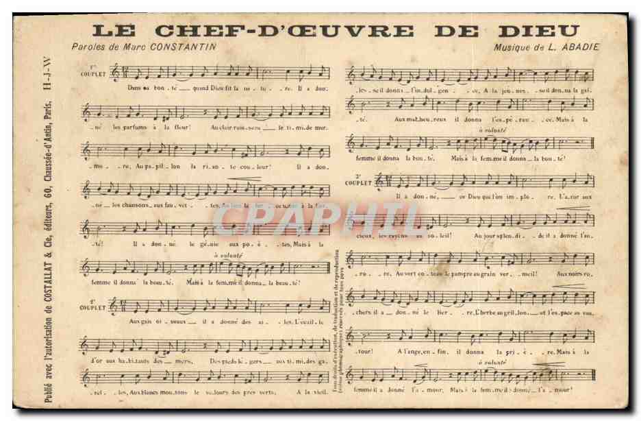 Le Chef-d'Œuvre de Dieu — Paroles de Marc Constantin, Musique de L. Abadie — Éditeur : Chaussée-d'Antin, Paris, 60, éditeurs de COSTALLAT & Cie