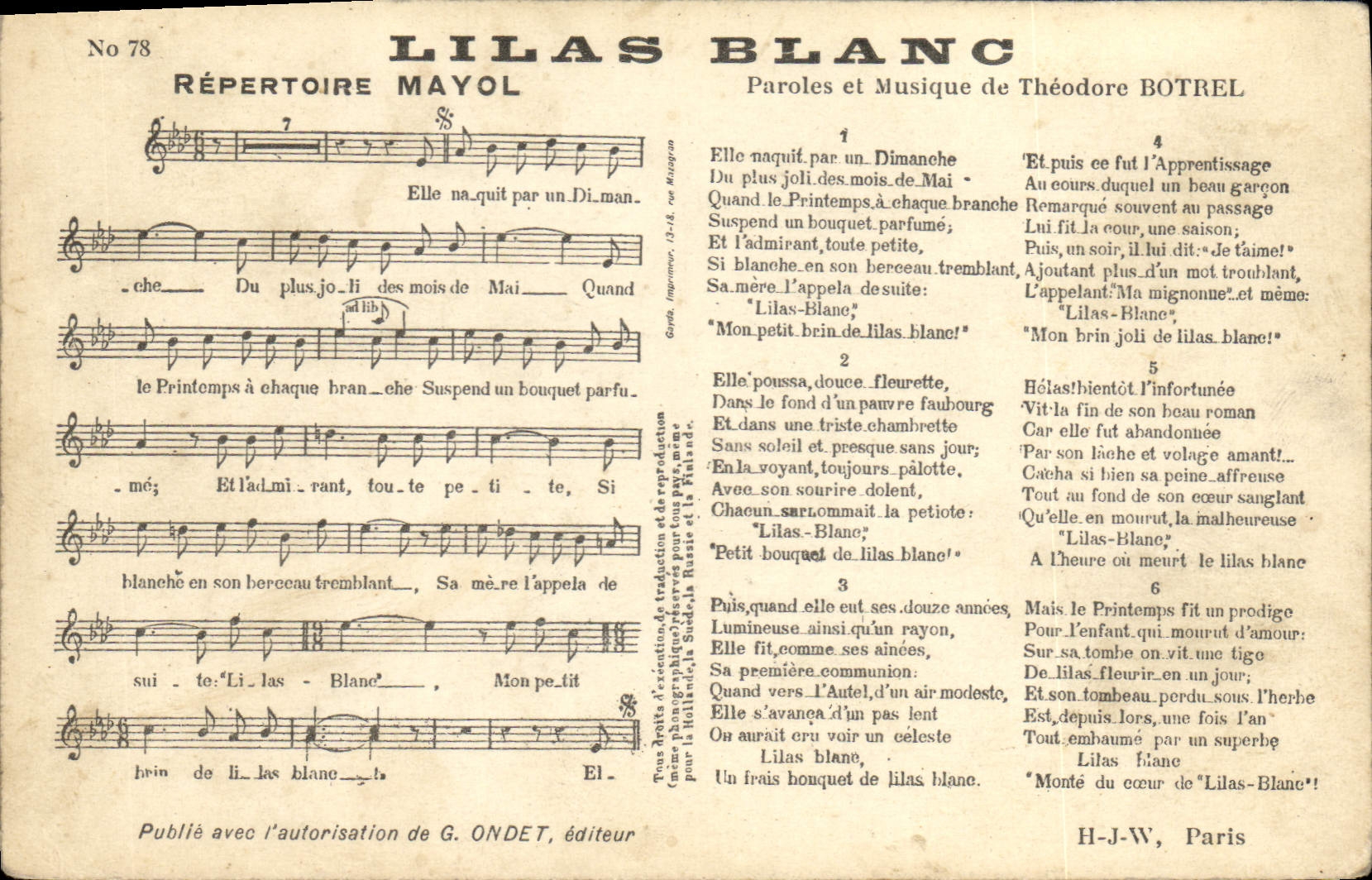 Lilas Blanc — Chanson de Théodore Botrel — Répertoire Mayol, No 78